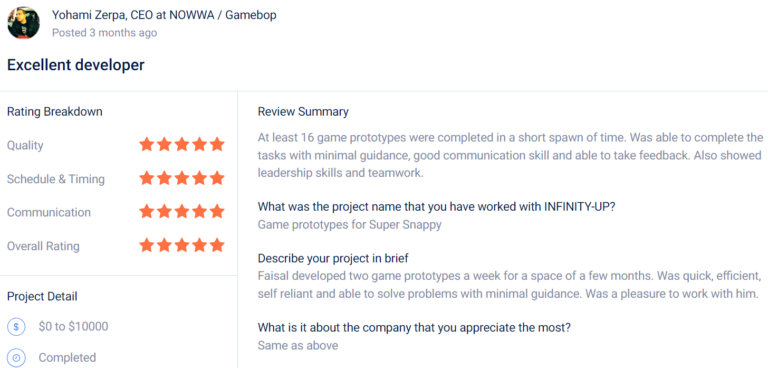 Yohami Zerpa, CEO at NOWWA / Gamebop reviews INFINITY-UP's Game Development Services